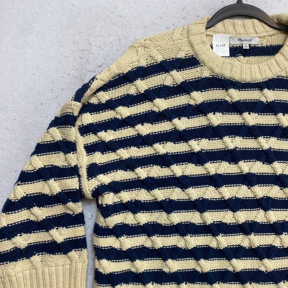 Madewell Sweater Womens Medium Navy Blue Cream Striped Cable Knit CottonCKP480 - Picture 5 of 9